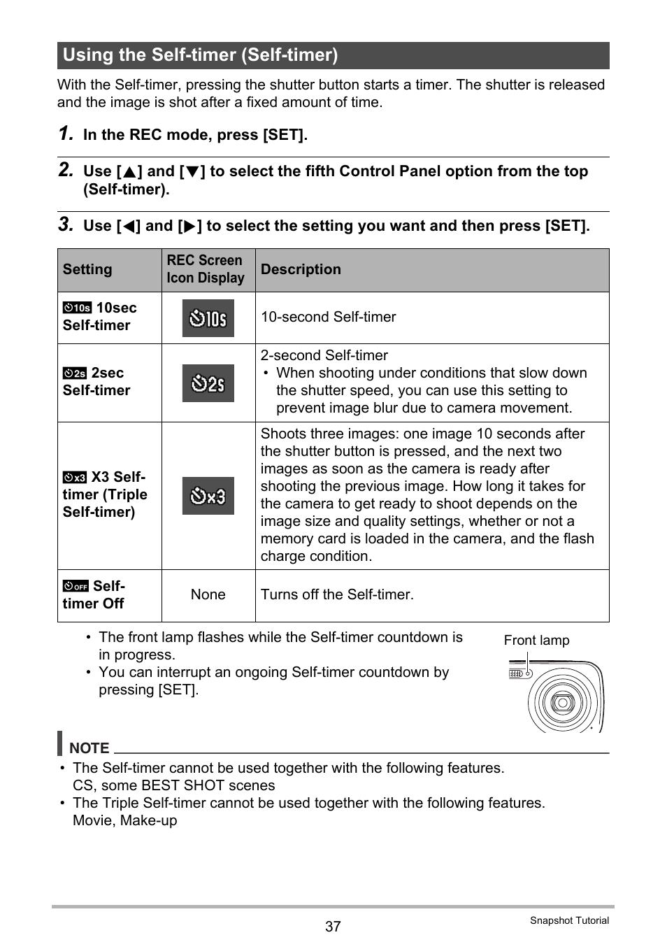 Using the self-timer (self-timer) | Casio EXILIM EX-N1 User Manual | Page 37 / 128
