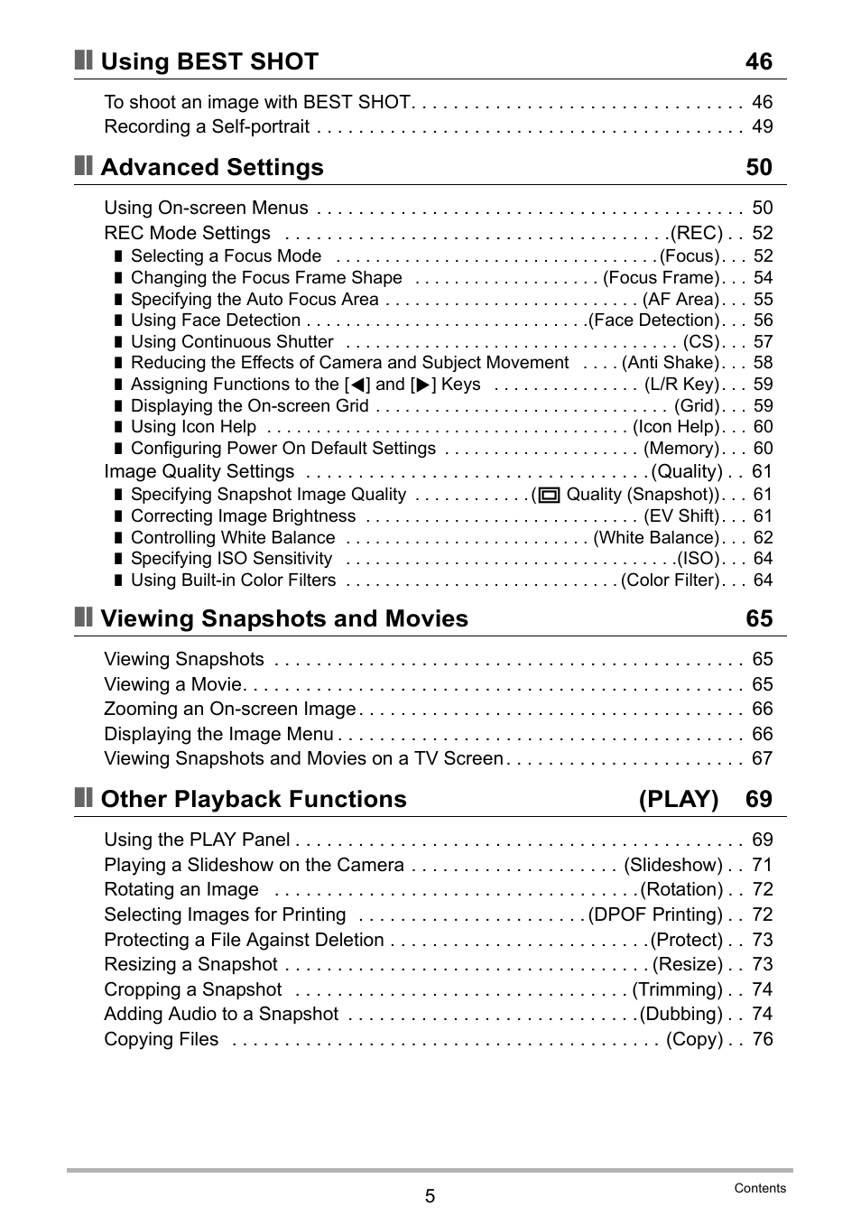 Using best shot 46, Advanced settings 50, Viewing snapshots and movies 65 | Other playback functions (play) 69 | Casio EXILIM EX-N1 User Manual | Page 5 / 128