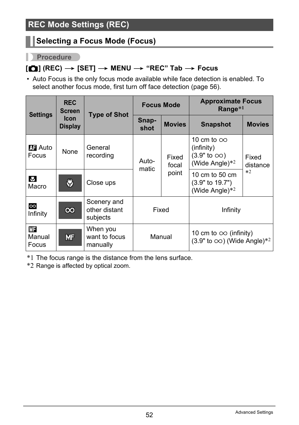 Rec mode settings (rec), Selecting a focus mode (focus) | Casio EXILIM EX-N1 User Manual | Page 52 / 128