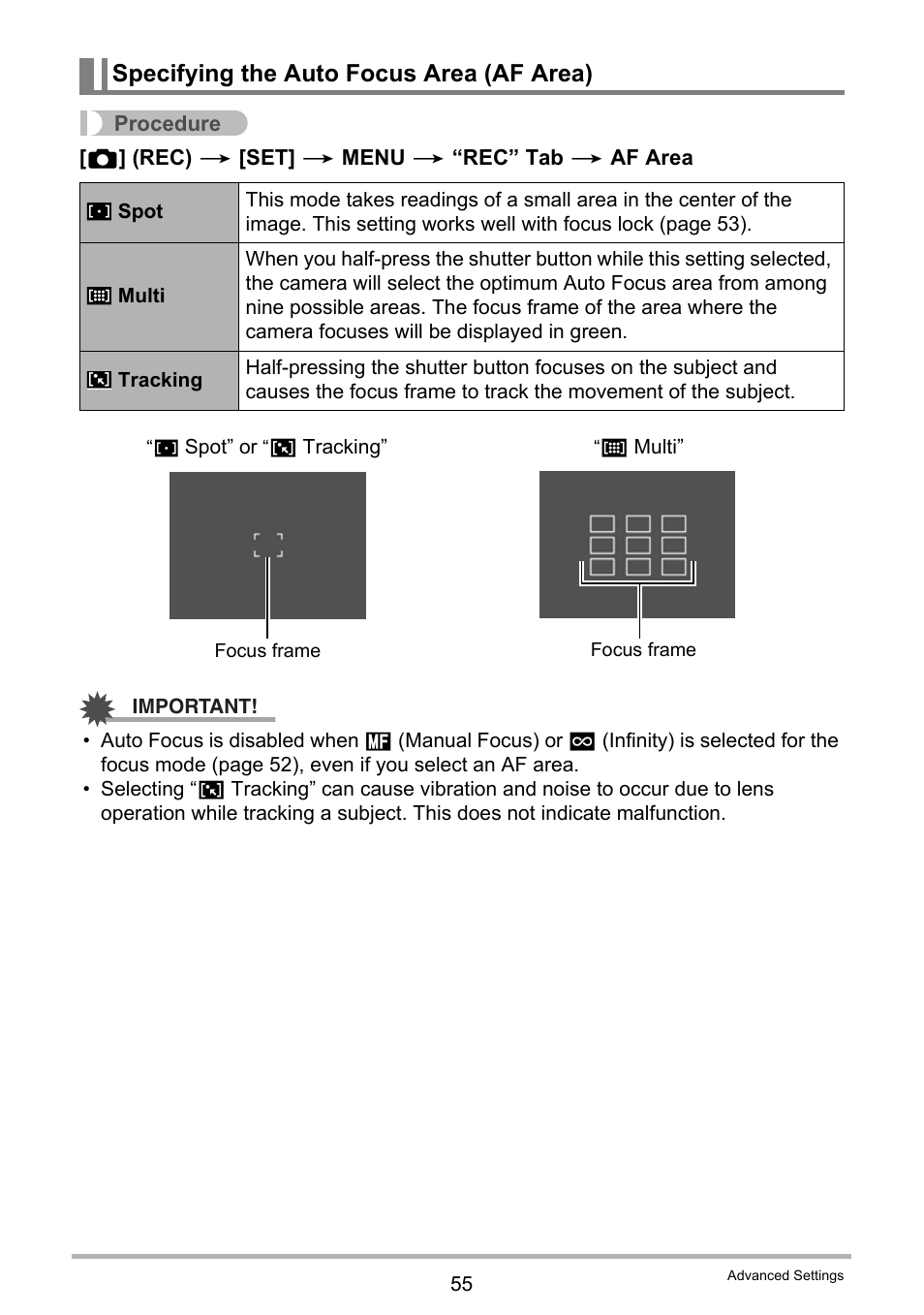 Specifying the auto focus area (af area), Ge 55) fo | Casio EXILIM EX-N1 User Manual | Page 55 / 128