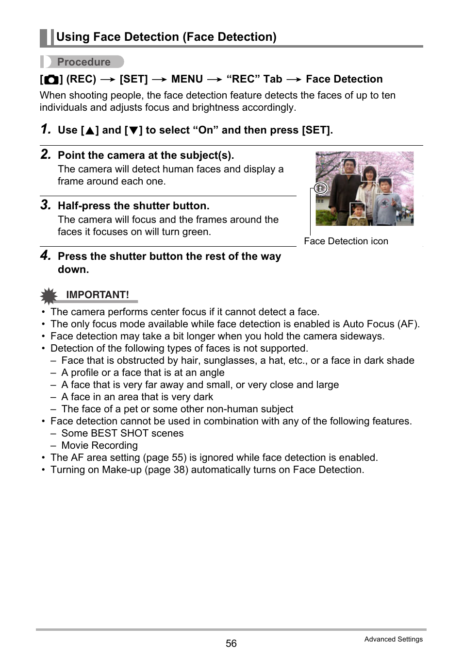 Using face detection (face detection) | Casio EXILIM EX-N1 User Manual | Page 56 / 128