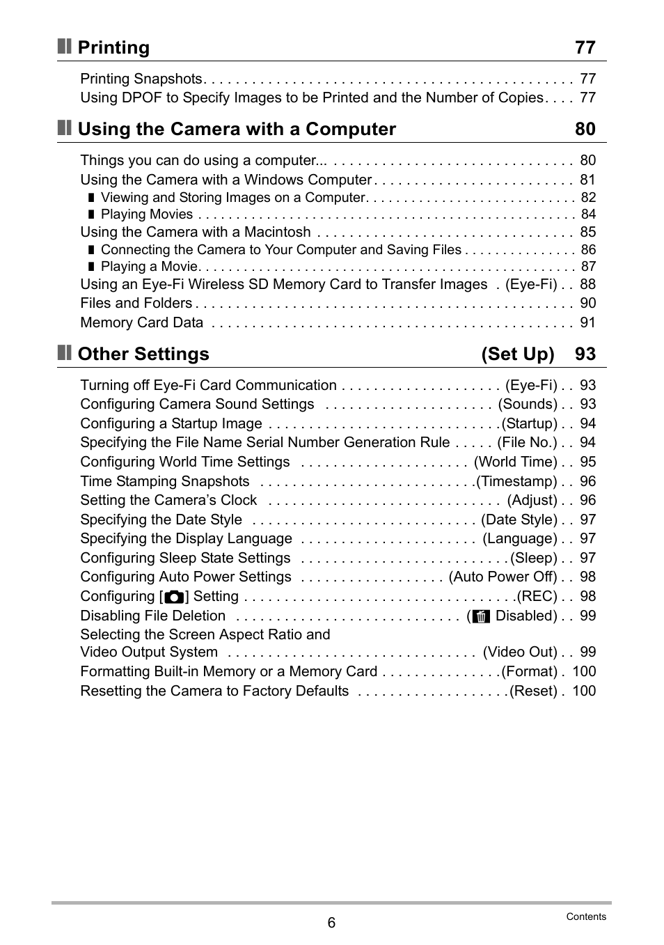 Printing 77, Using the camera with a computer 80, Other settings (set up) 93 | Casio EXILIM EX-N1 User Manual | Page 6 / 128