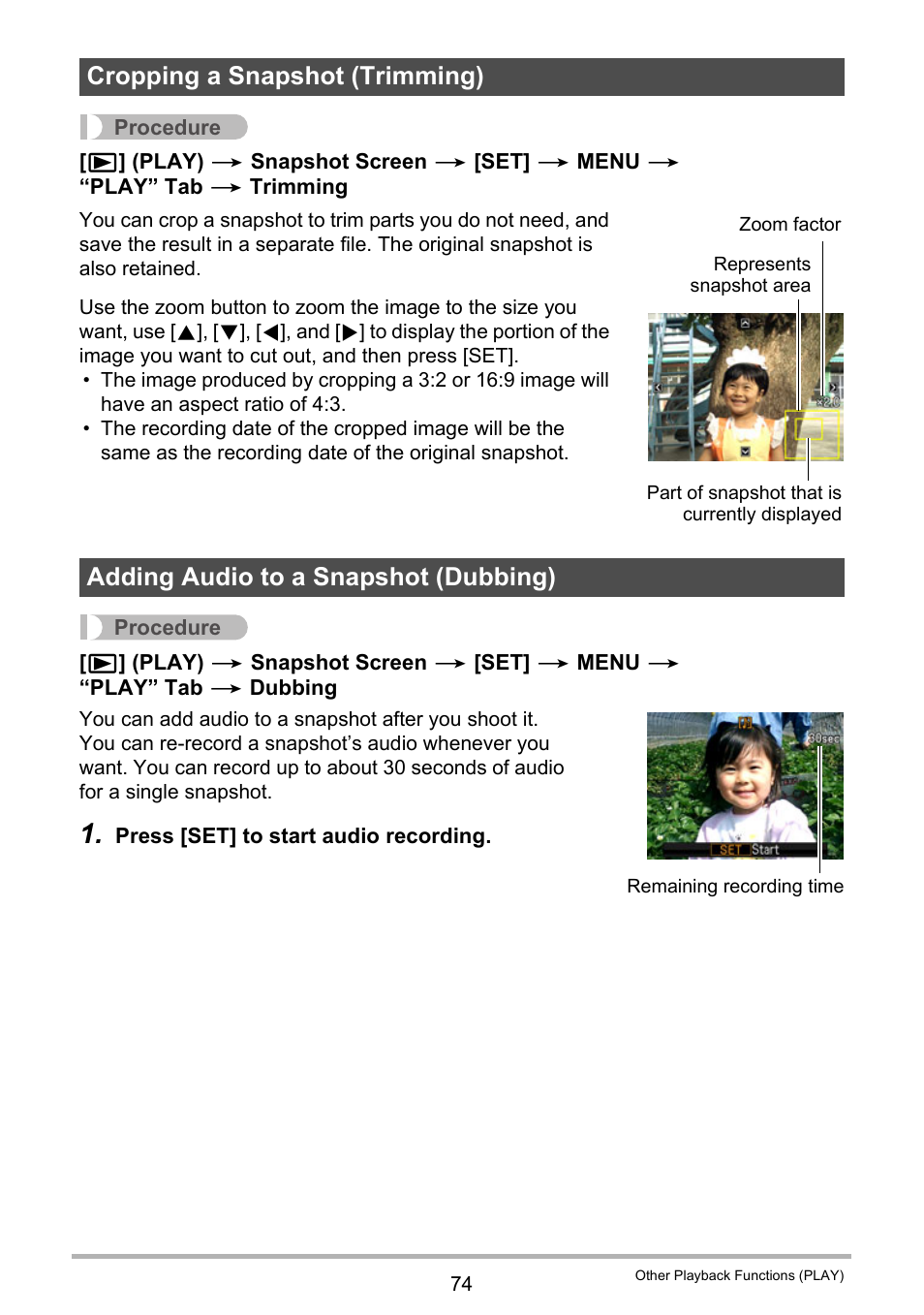 Cropping a snapshot (trimming), Adding audio to a snapshot (dubbing) | Casio EXILIM EX-N1 User Manual | Page 74 / 128