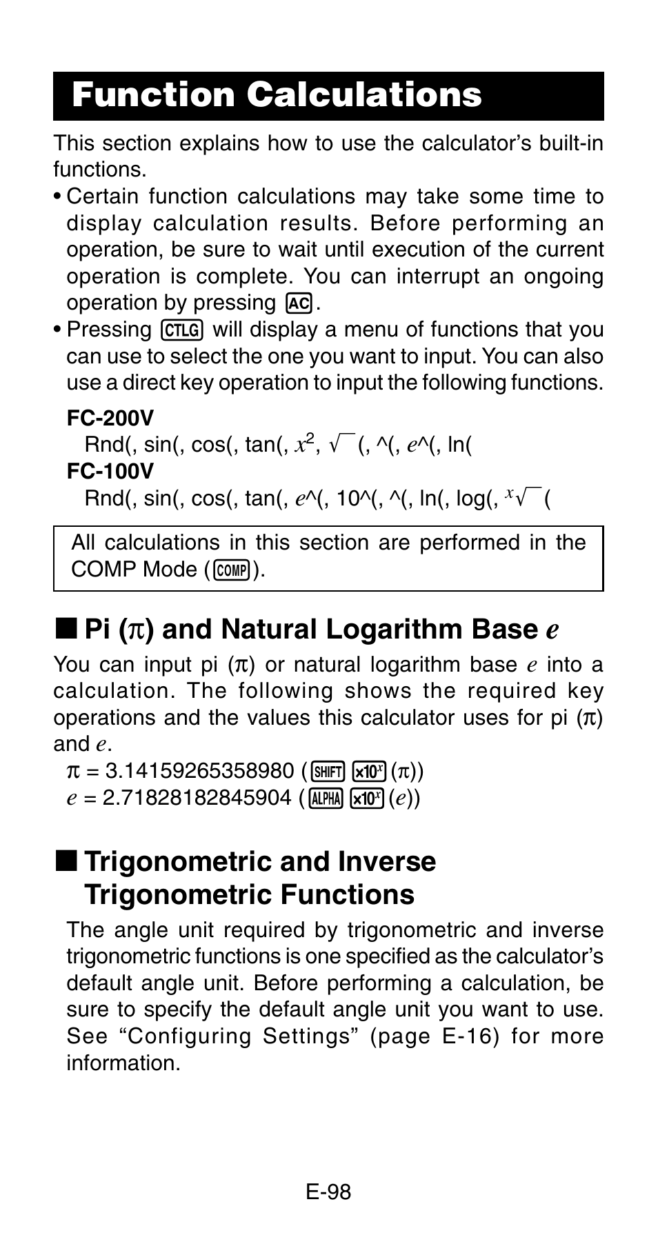 Function calculations, K pi, And natural logarithm base | Casio FC-200V User Manual | Page 100 / 149