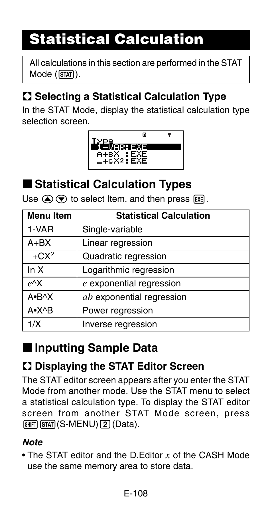 Statistical calculation, K statistical calculation types, K inputting sample data | Casio FC-200V User Manual | Page 110 / 149