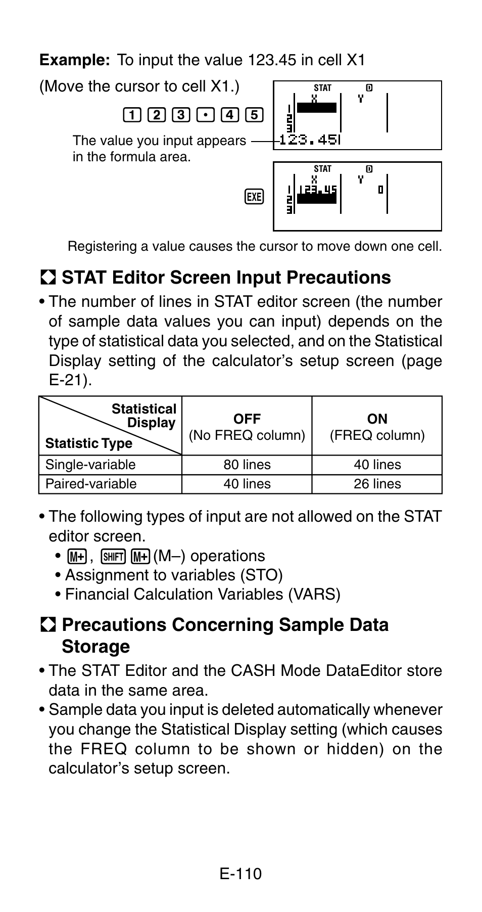 A stat editor screen input precautions, A precautions concerning sample data storage | Casio FC-200V User Manual | Page 112 / 149