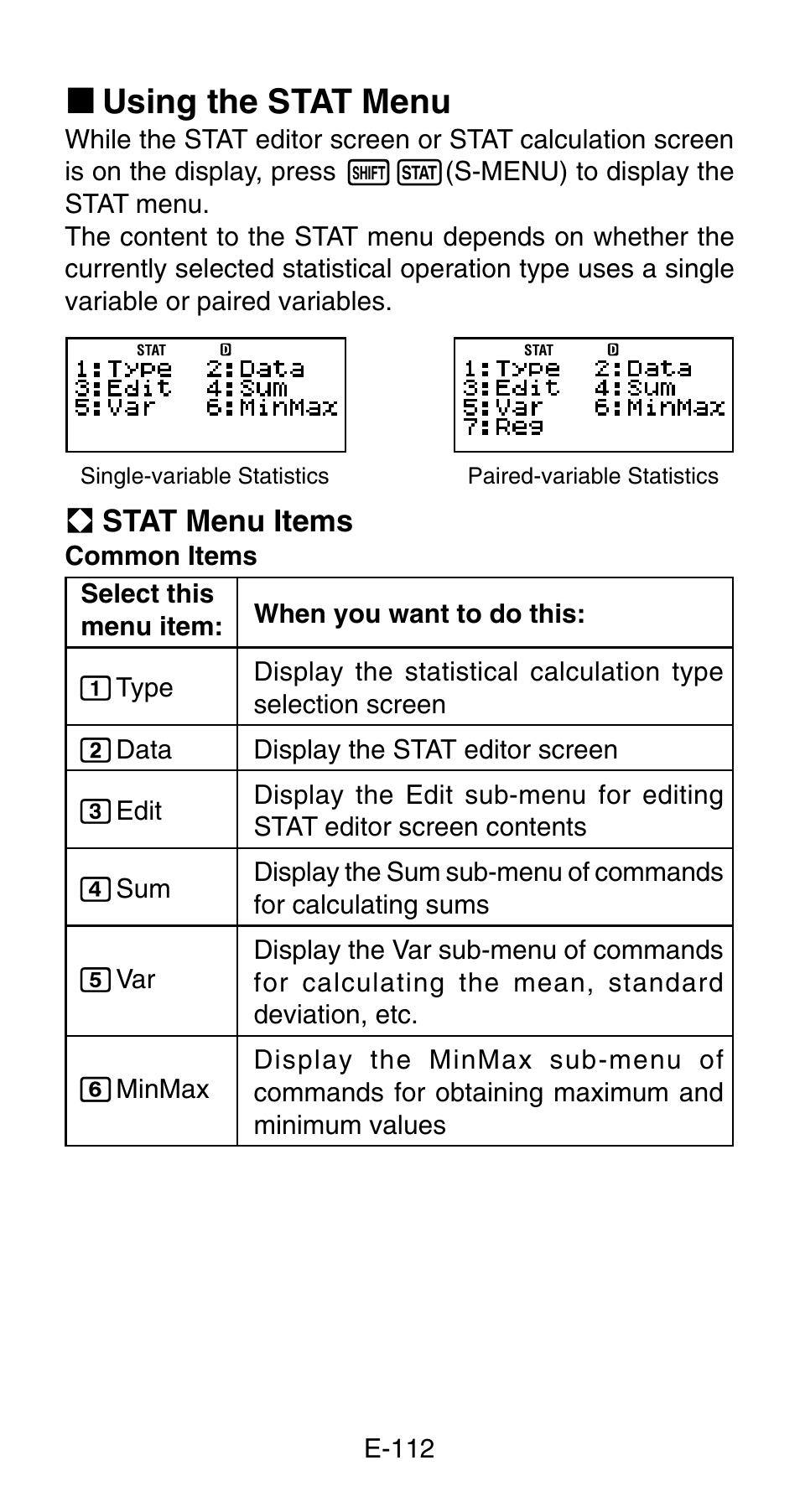 K using the stat menu, A stat menu items | Casio FC-200V User Manual | Page 114 / 149