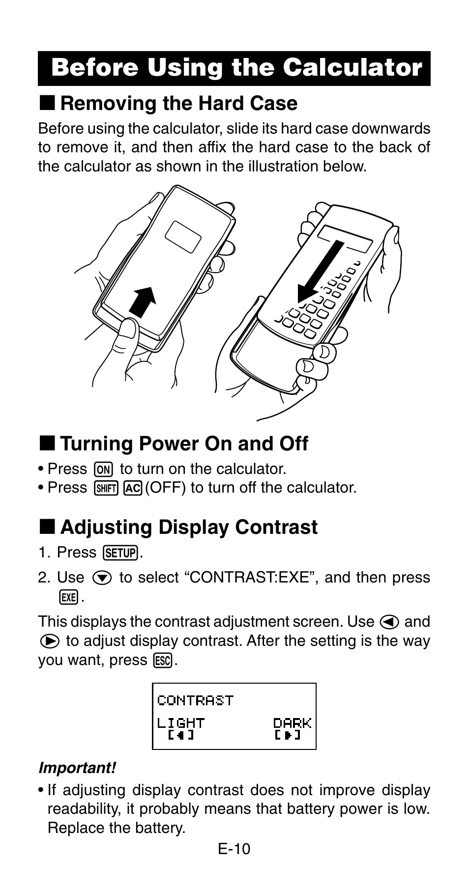 Before using the calculator, K removing the hard case, K turning power on and off | K adjusting display contrast | Casio FC-200V User Manual | Page 12 / 149