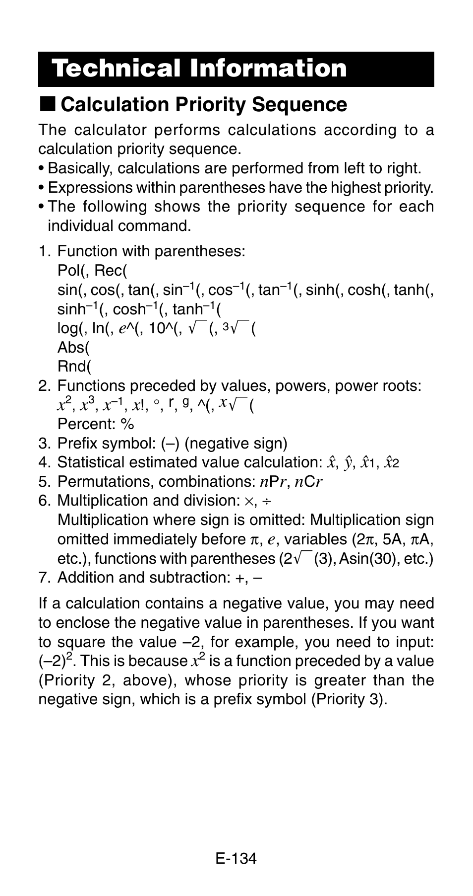 Technical information, K calculation priority sequence | Casio FC-200V User Manual | Page 136 / 149