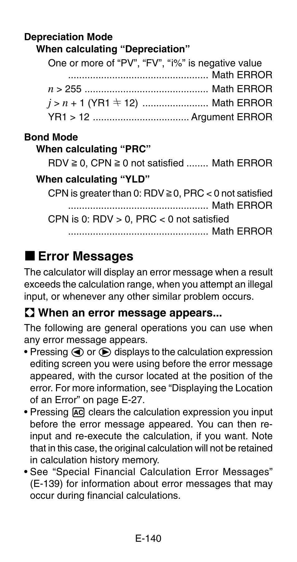 K error messages | Casio FC-200V User Manual | Page 142 / 149