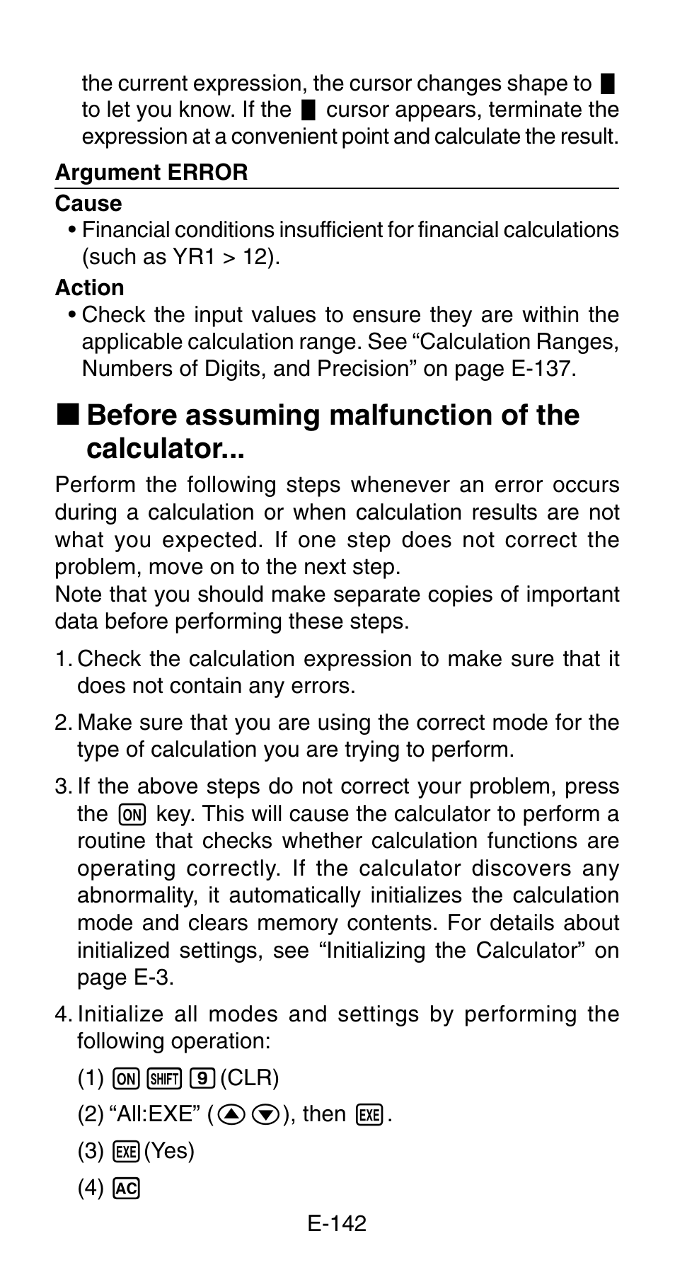 K before assuming malfunction of the calculator | Casio FC-200V User Manual | Page 144 / 149