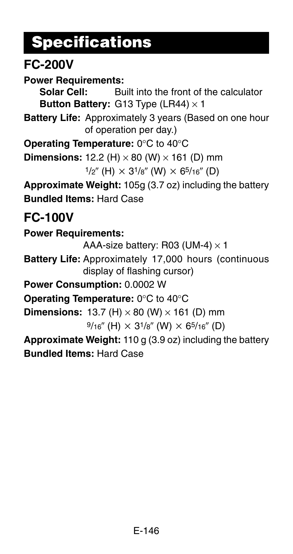 Specifications, Fc-200v, Fc-100v | Casio FC-200V User Manual | Page 148 / 149