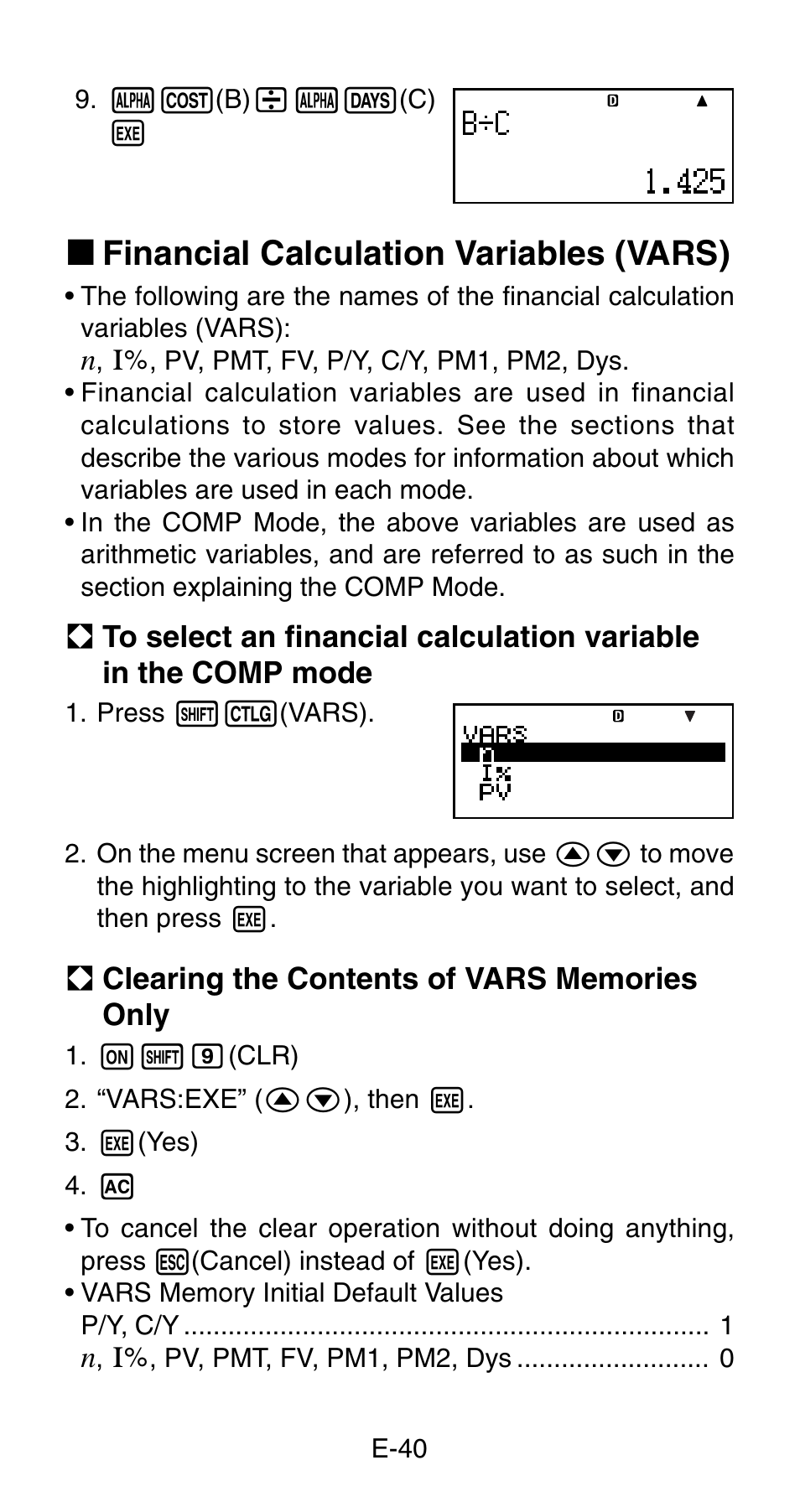 K financial calculation variables (vars) | Casio FC-200V User Manual | Page 42 / 149