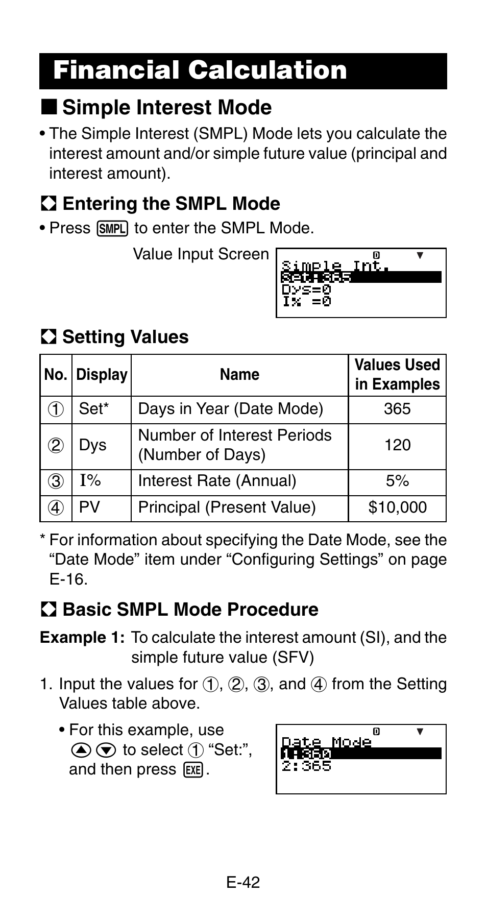 Financial calculation, K simple interest mode | Casio FC-200V User Manual | Page 44 / 149