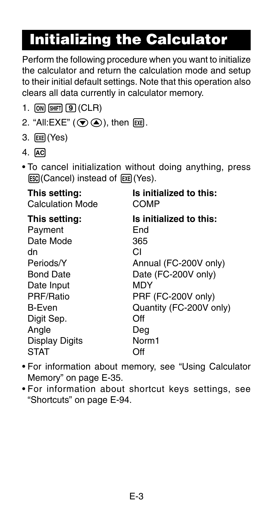 Initializing the calculator | Casio FC-200V User Manual | Page 5 / 149