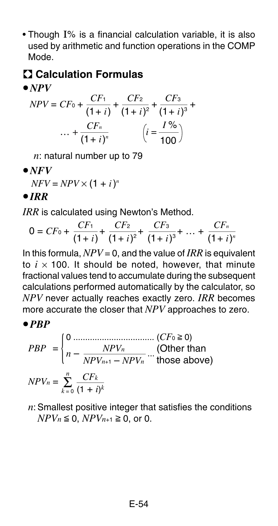 A calculation formulas u npv n, U nfv u irr irr, U pbp n | Casio FC-200V User Manual | Page 56 / 149