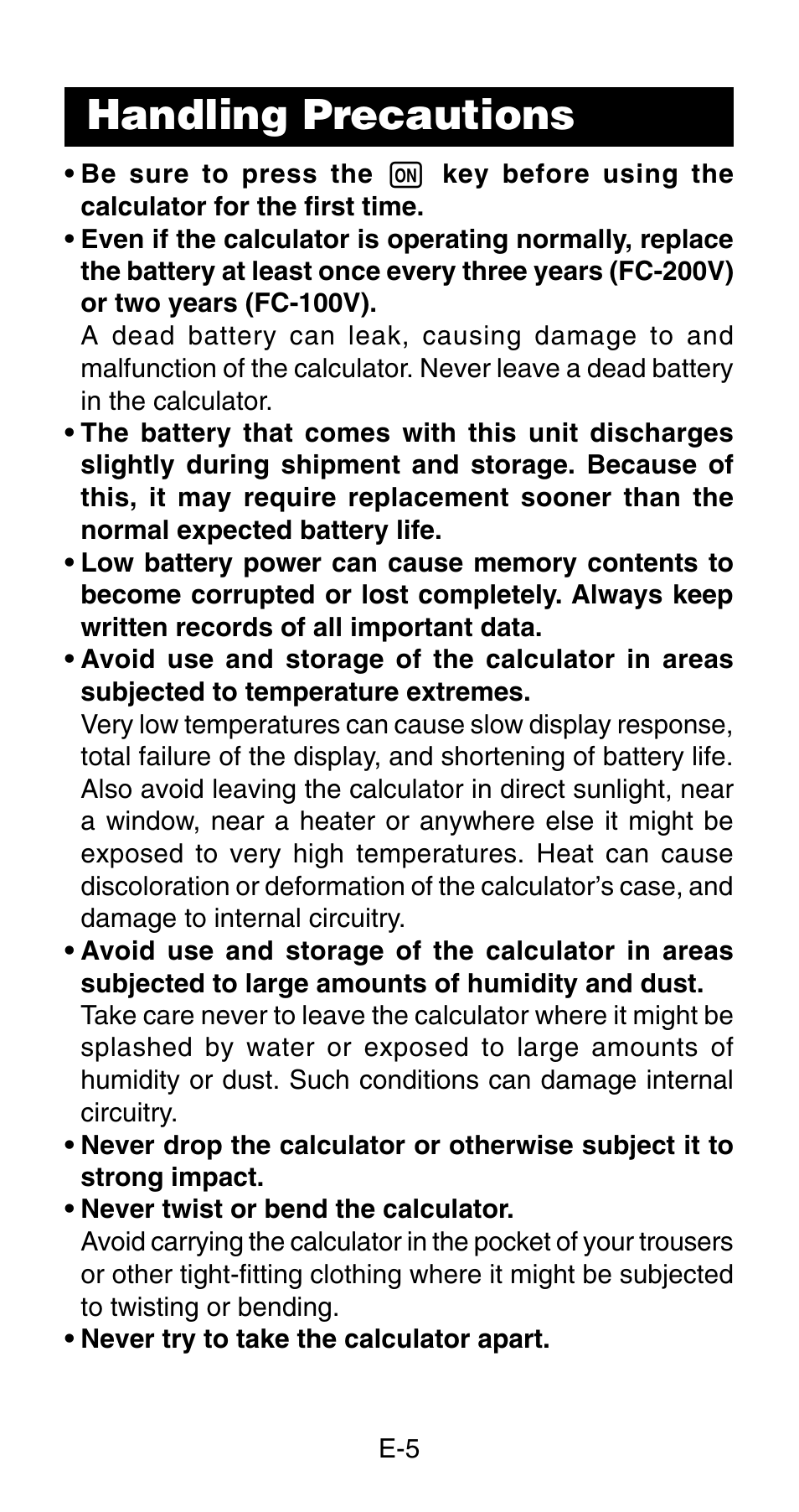 Handling precautions | Casio FC-200V User Manual | Page 7 / 149