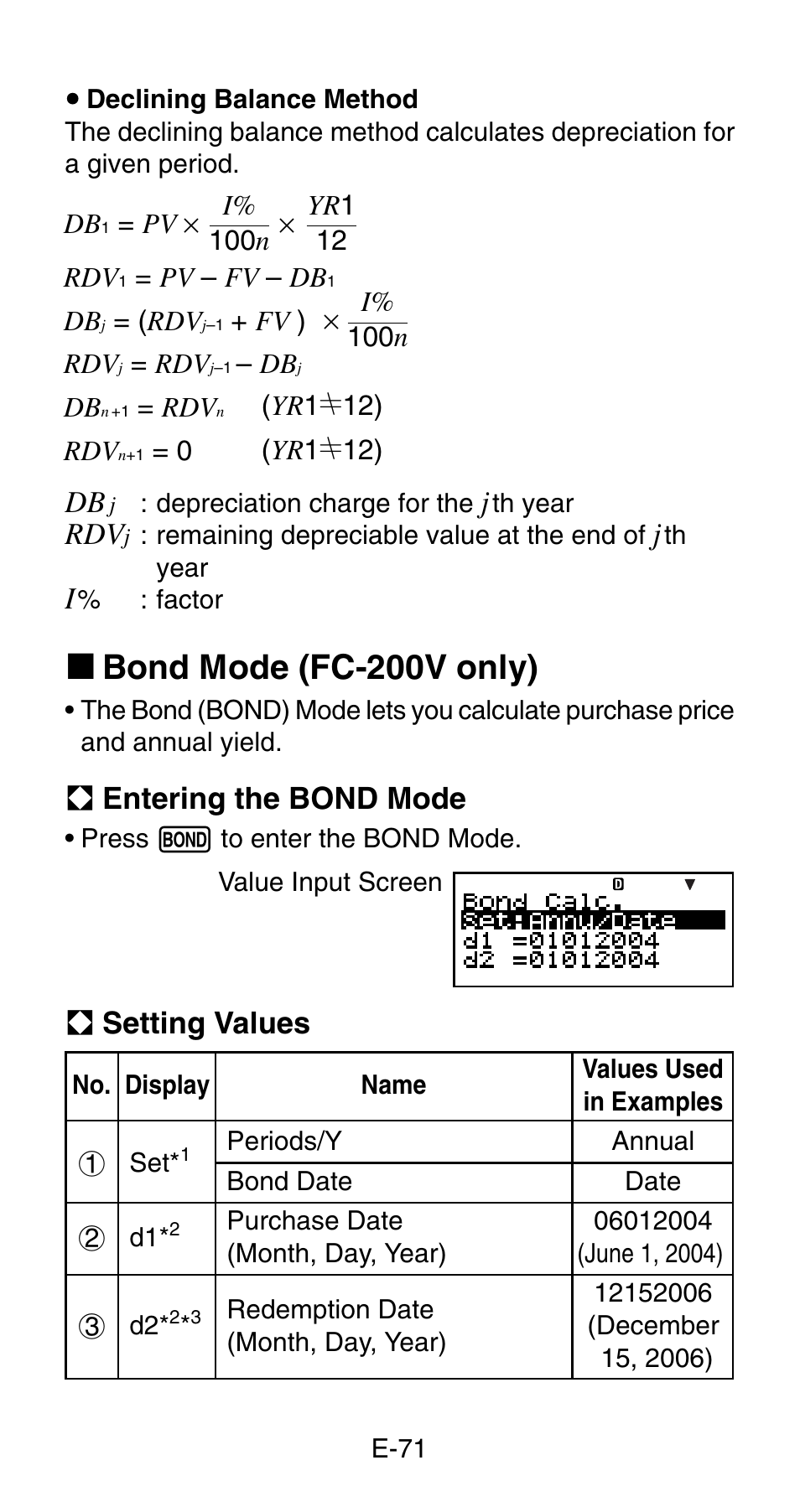 K bond mode (fc-200v only), A entering the bond mode, A setting values | Casio FC-200V User Manual | Page 73 / 149