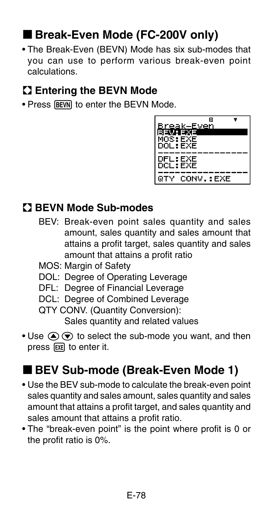 K break-even mode (fc-200v only), K bev sub-mode (break-even mode 1) | Casio FC-200V User Manual | Page 80 / 149