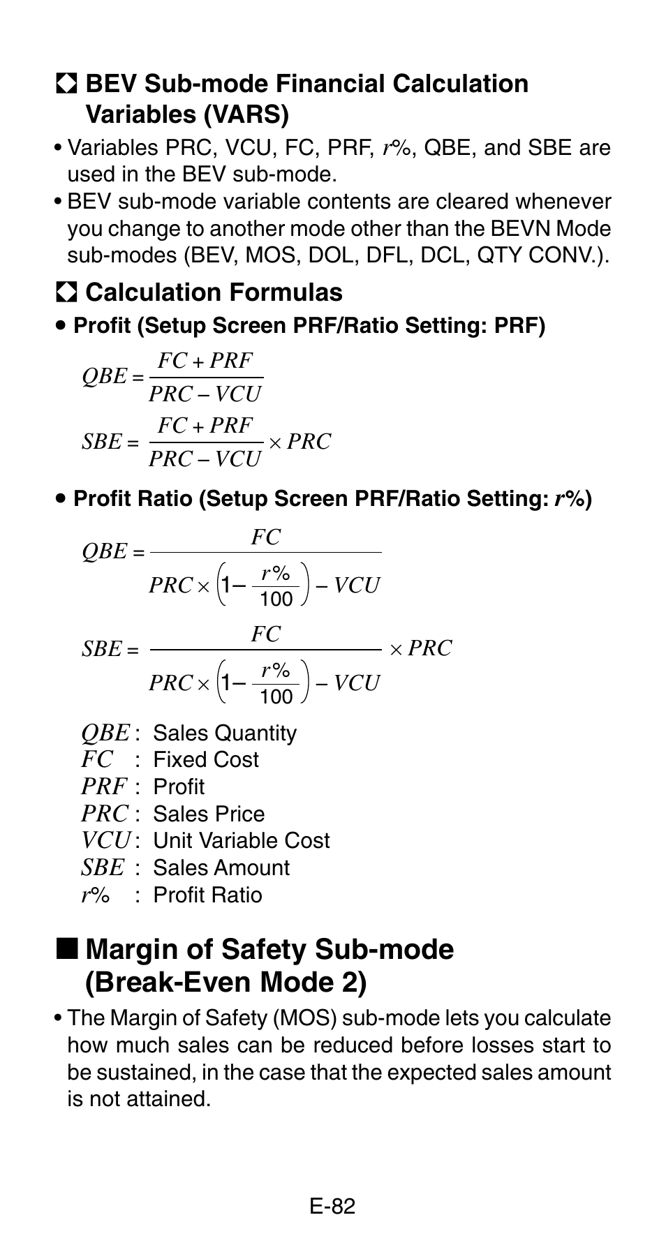 K margin of safety sub-mode (break-even mode 2) | Casio FC-200V User Manual | Page 84 / 149