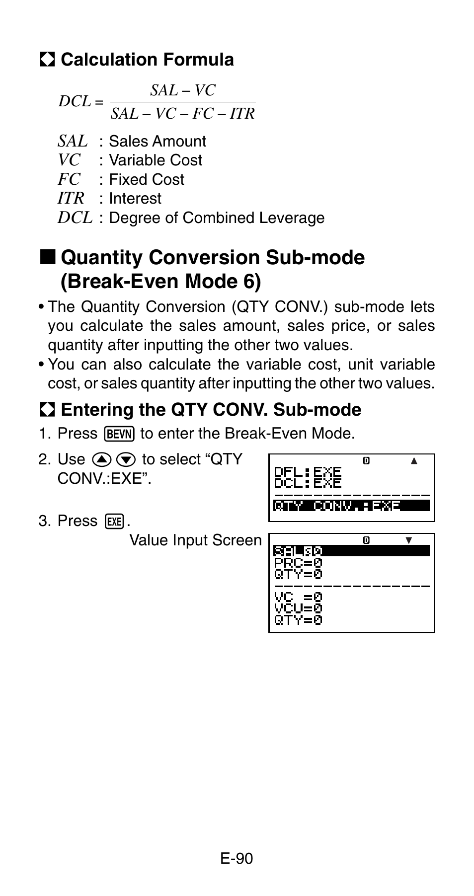 K quantity conversion sub-mode (break-even mode 6) | Casio FC-200V User Manual | Page 92 / 149