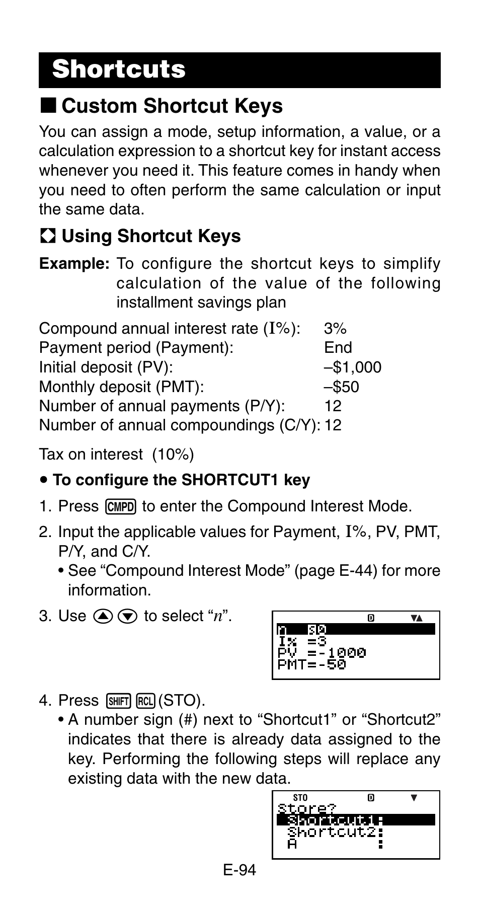 Shortcuts, K custom shortcut keys | Casio FC-200V User Manual | Page 96 / 149