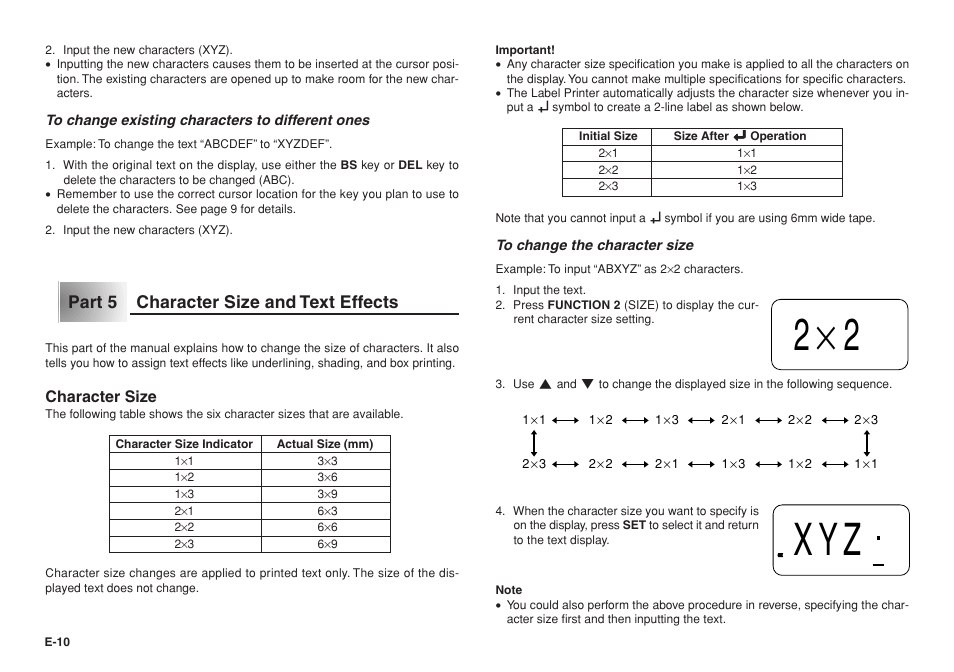 2ч2 xyz, Part 5 character size and text effects | Casio KL-750E User Manual | Page 11 / 19