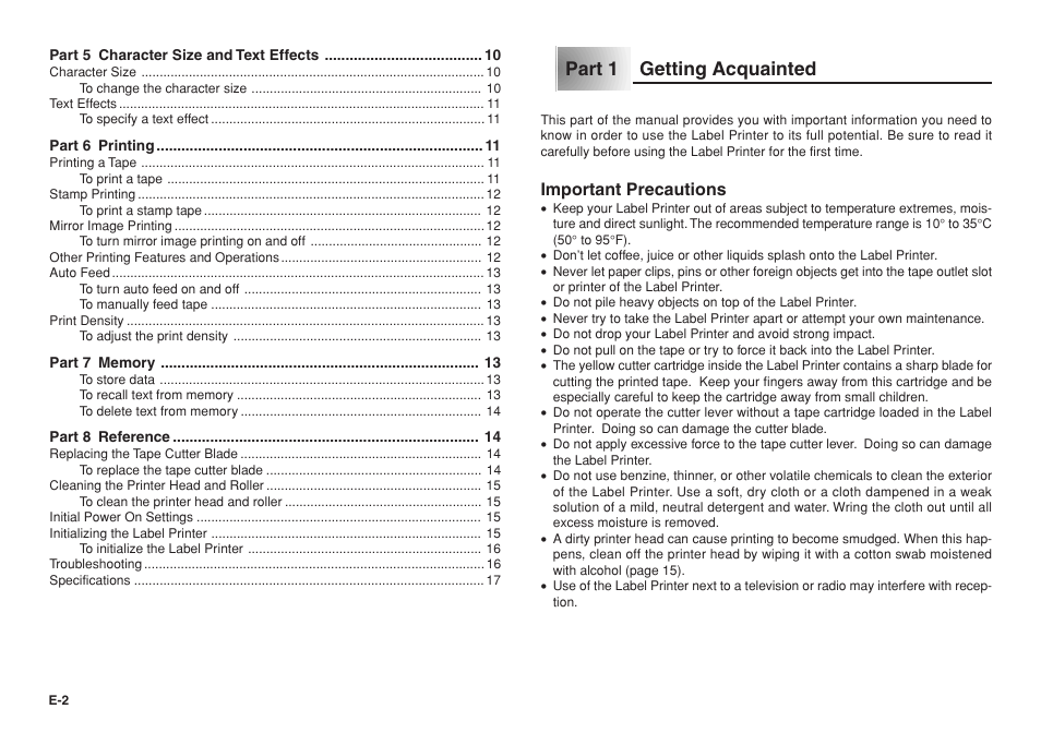 Part 1 getting acquainted, Important precautions | Casio KL-750E User Manual | Page 3 / 19