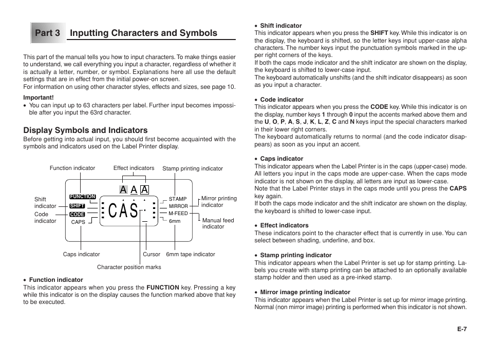 A a a, Part 3 inputting characters and symbols, Display symbols and indicators | Casio KL-750E User Manual | Page 8 / 19