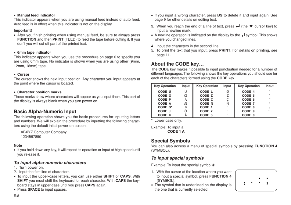 Basic alpha-numeric input, About the code key, Special symbols | Casio KL-750E User Manual | Page 9 / 19