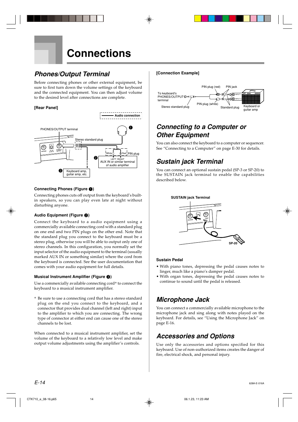 Connections, Phones/output terminal, Connecting to a computer or other equipment | Sustain jack terminal, Microphone jack, Accessories and options, E-14 | Casio CTK720 User Manual | Page 16 / 48
