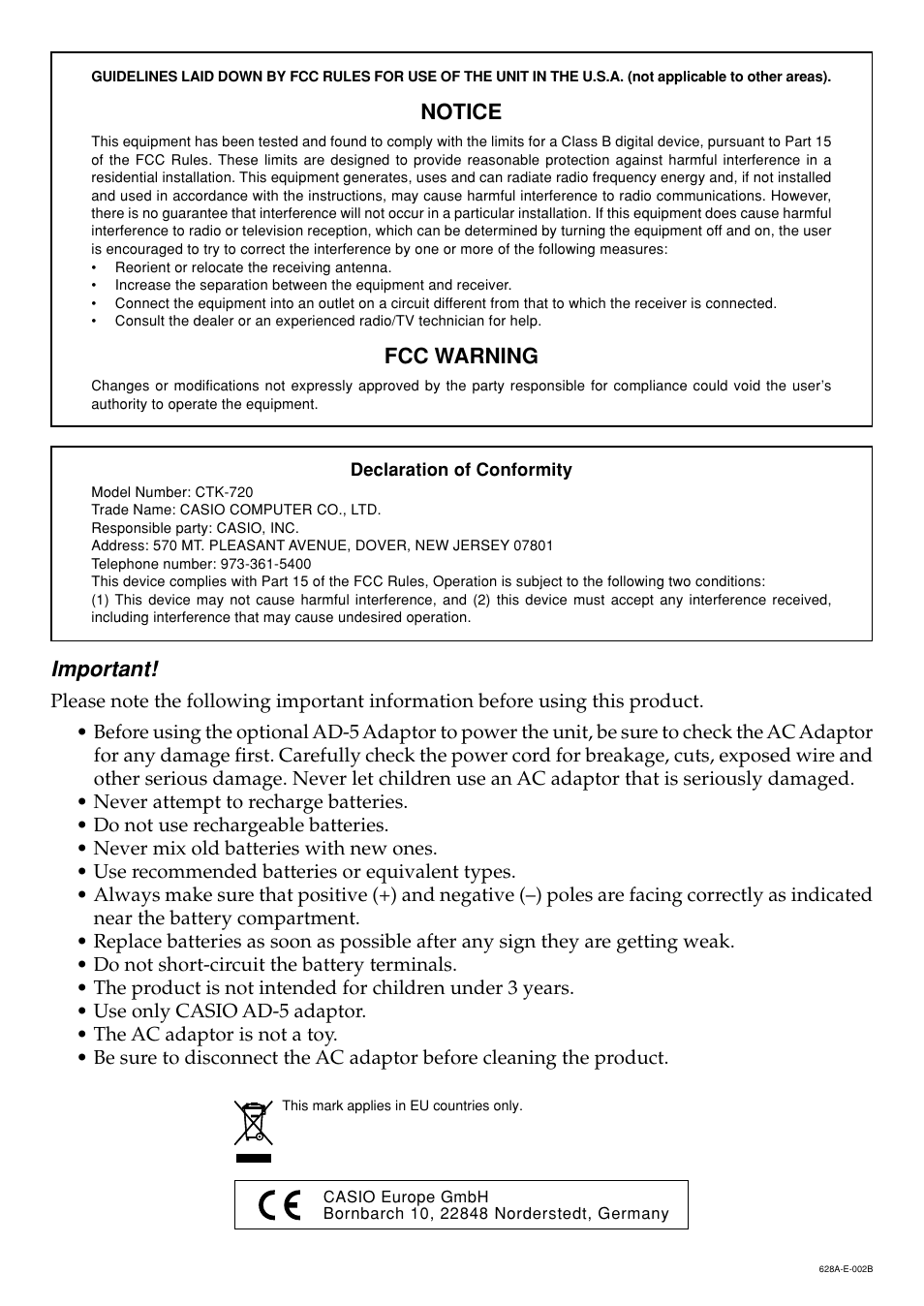 Notice, Fcc warning, Important | Casio CTK720 User Manual | Page 2 / 48