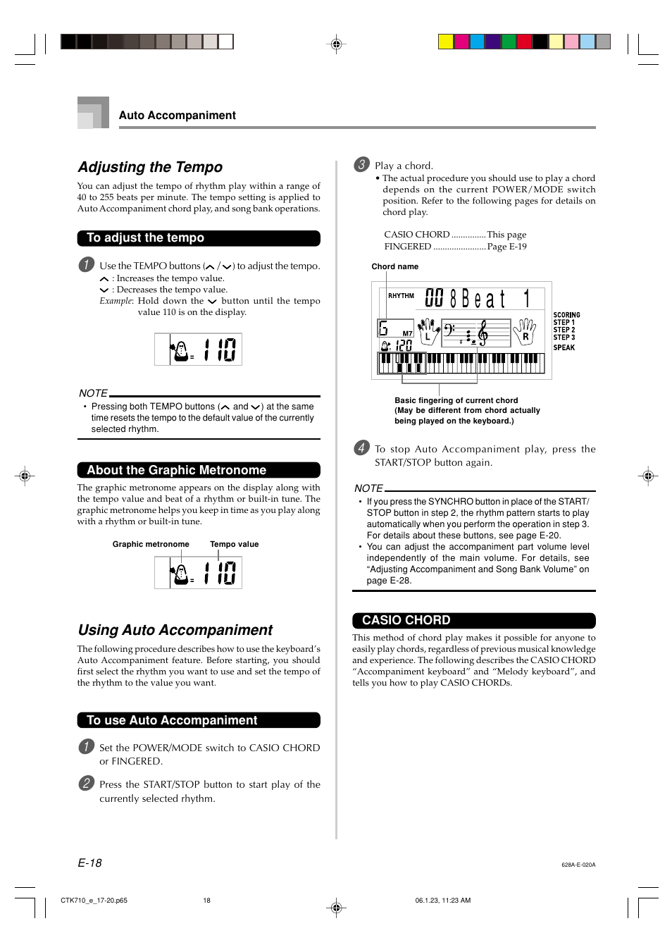 Adjusting the tempo, Using auto accompaniment | Casio CTK720 User Manual | Page 20 / 48