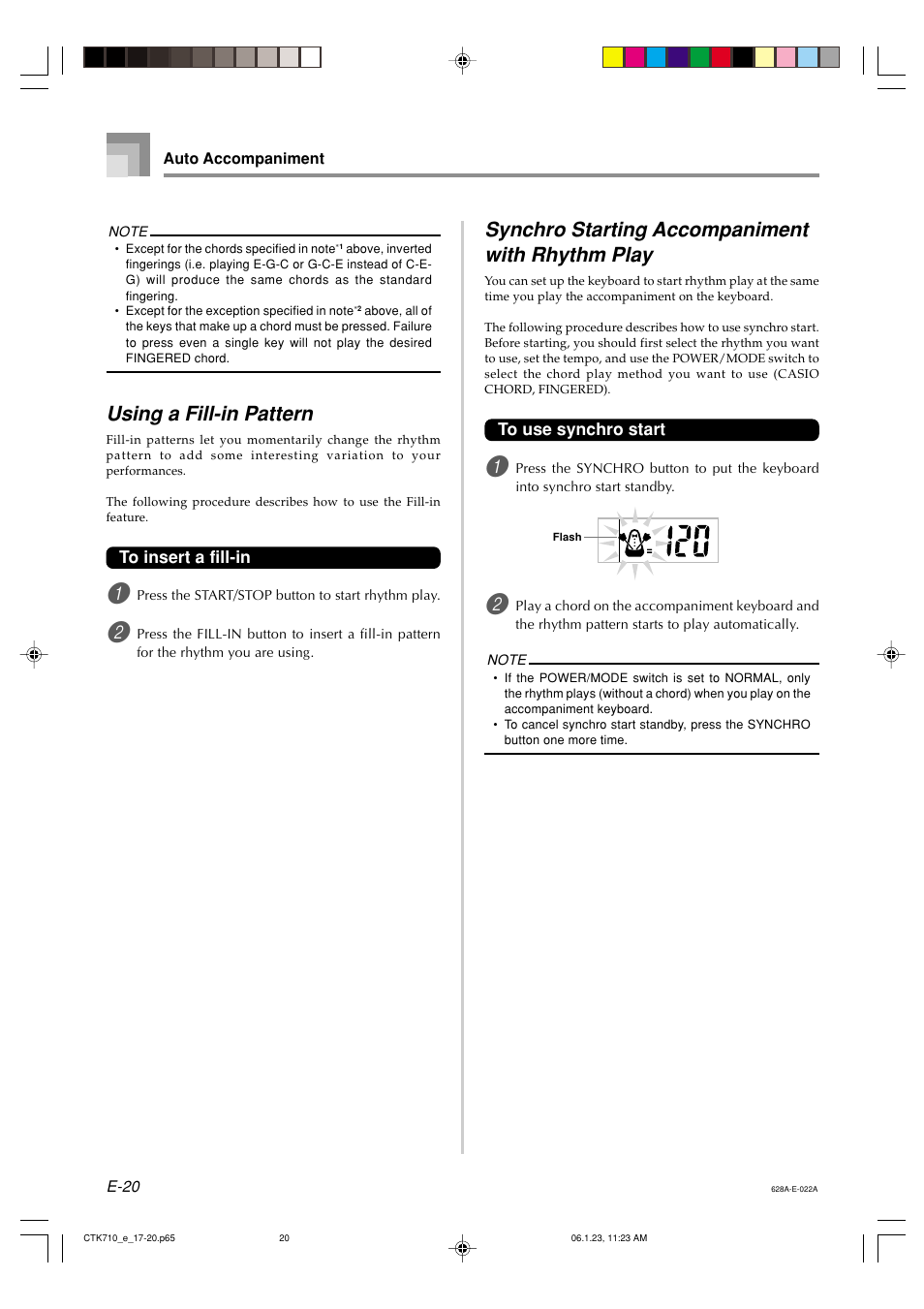 Using a fill-in pattern, Synchro starting accompaniment with rhythm play | Casio CTK720 User Manual | Page 22 / 48