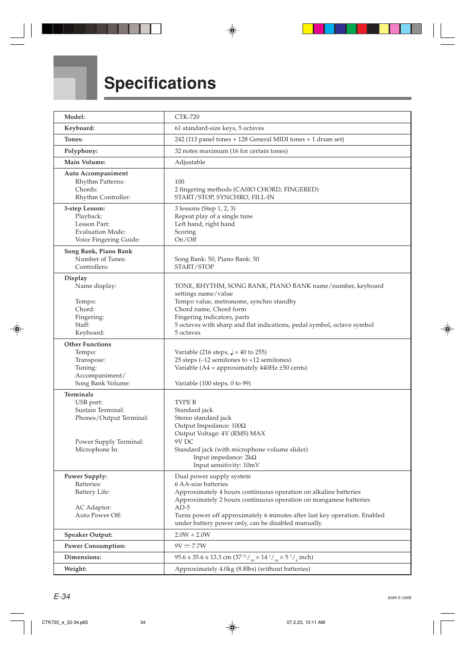 Specifications, E-34 | Casio CTK720 User Manual | Page 36 / 48