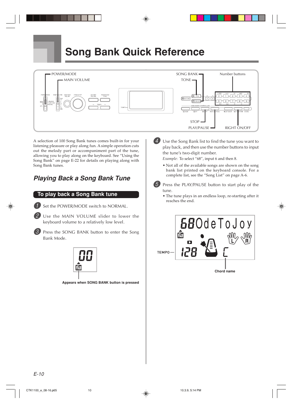 Song bank quick reference, Playing back a song bank tune | Casio CTK-1100 User Manual | Page 12 / 44