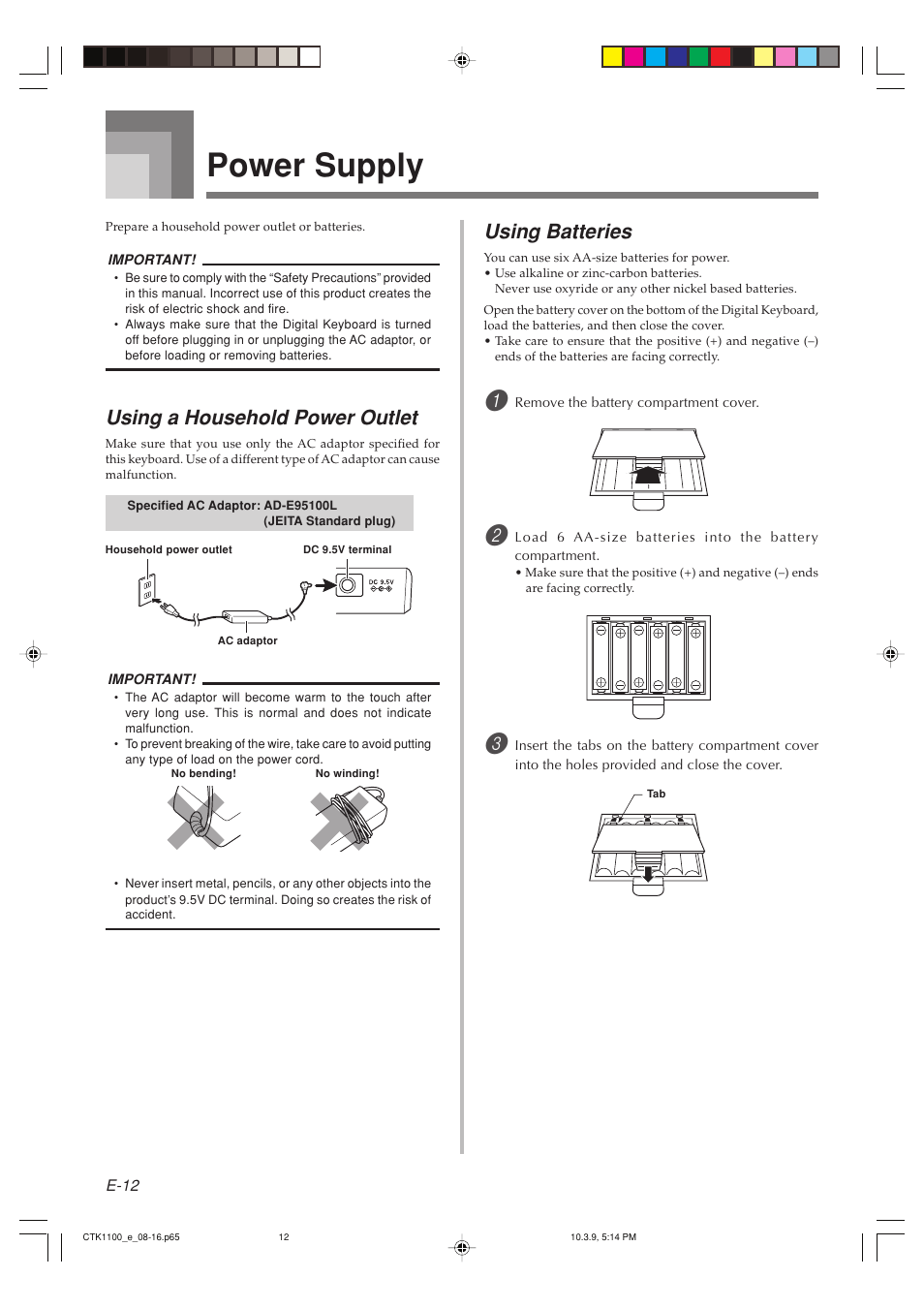 Power supply, Using a household power outlet, Using batteries | Casio CTK-1100 User Manual | Page 14 / 44