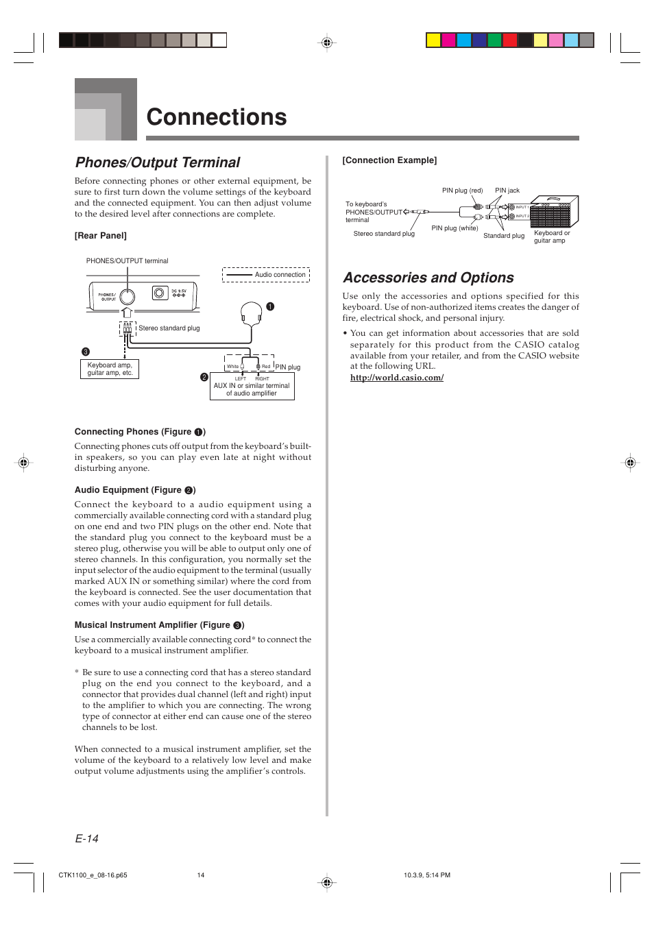 Connections, Phones/output terminal, Accessories and options | E-14 | Casio CTK-1100 User Manual | Page 16 / 44