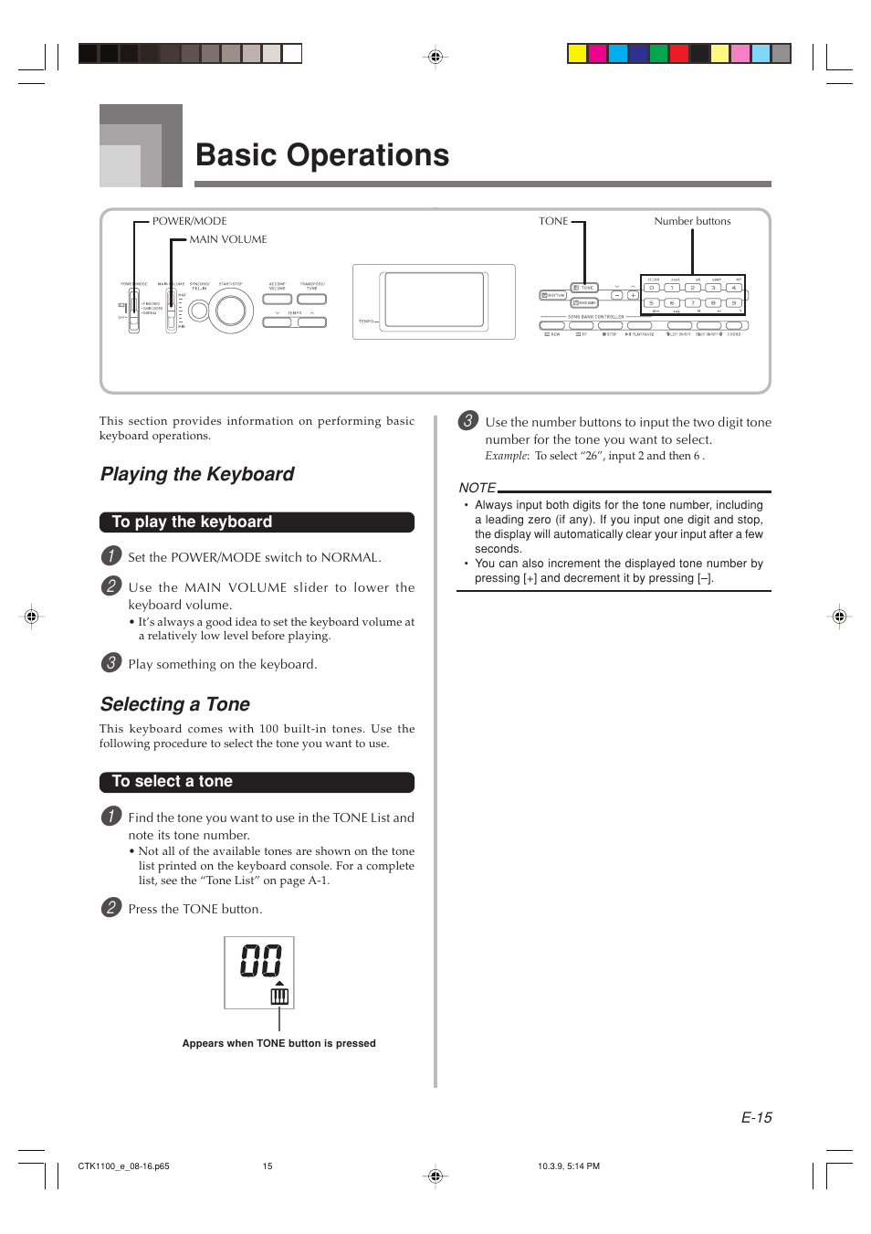 Basic operations, Playing the keyboard, Selecting a tone | Casio CTK-1100 User Manual | Page 17 / 44
