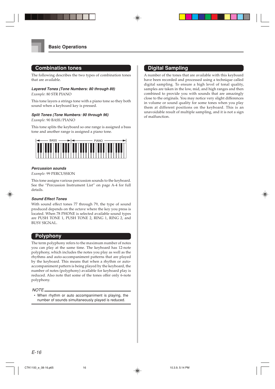 Combination tones, Polyphony, Digital sampling | E-16 basic operations | Casio CTK-1100 User Manual | Page 18 / 44