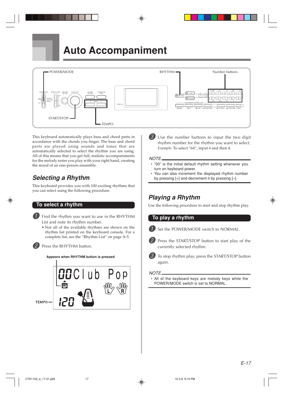 Auto accompaniment, Selecting a rhythm, Playing a rhythm | Casio CTK-1100 User Manual | Page 19 / 44