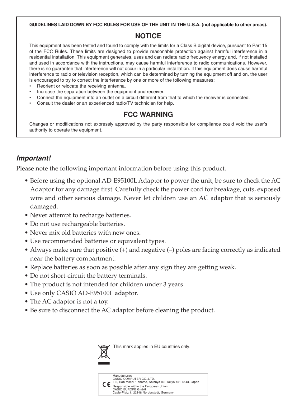 Notice, Fcc warning, Important | Casio CTK-1100 User Manual | Page 2 / 44