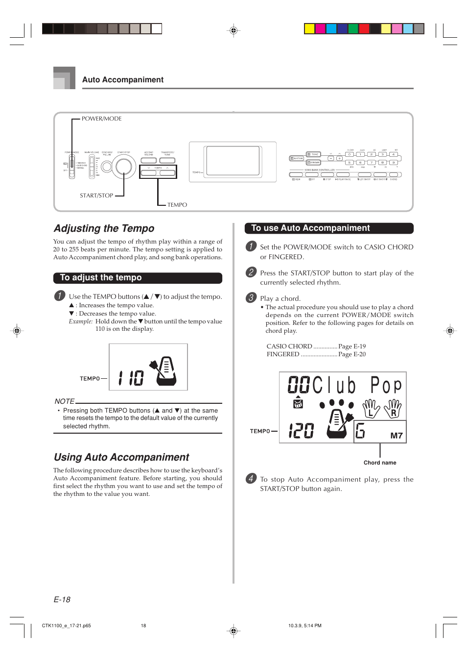 Adjusting the tempo, Using auto accompaniment | Casio CTK-1100 User Manual | Page 20 / 44