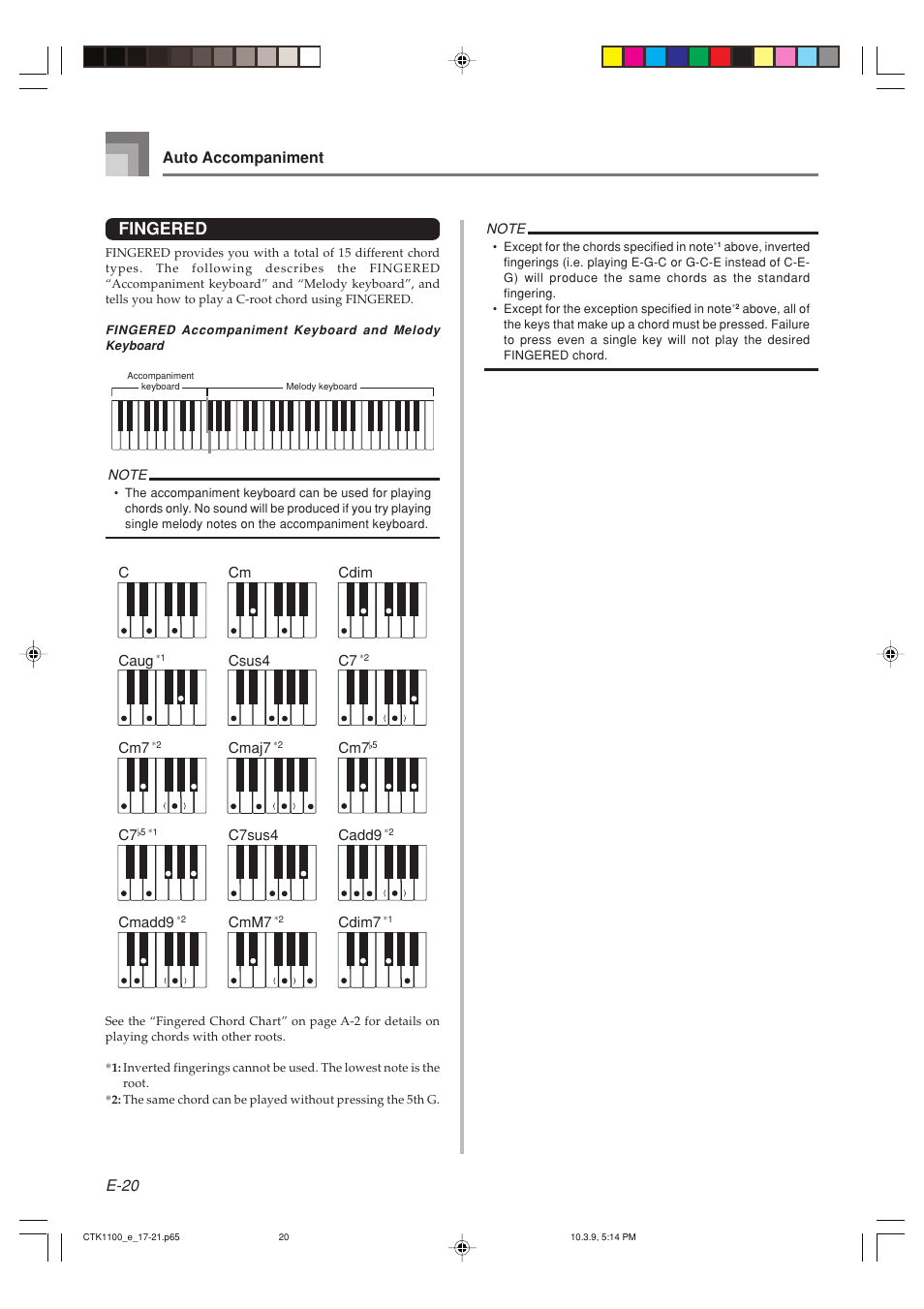 Fingered, E-20, Auto accompaniment | Casio CTK-1100 User Manual | Page 22 / 44