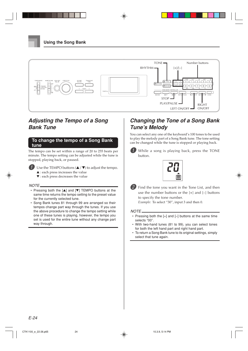 Adjusting the tempo of a song bank tune, Changing the tone of a song bank tune’s melody | Casio CTK-1100 User Manual | Page 26 / 44