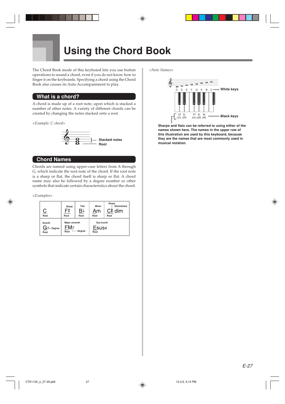 Using the chord book, What is a chord, Chord names | E-27 | Casio CTK-1100 User Manual | Page 29 / 44