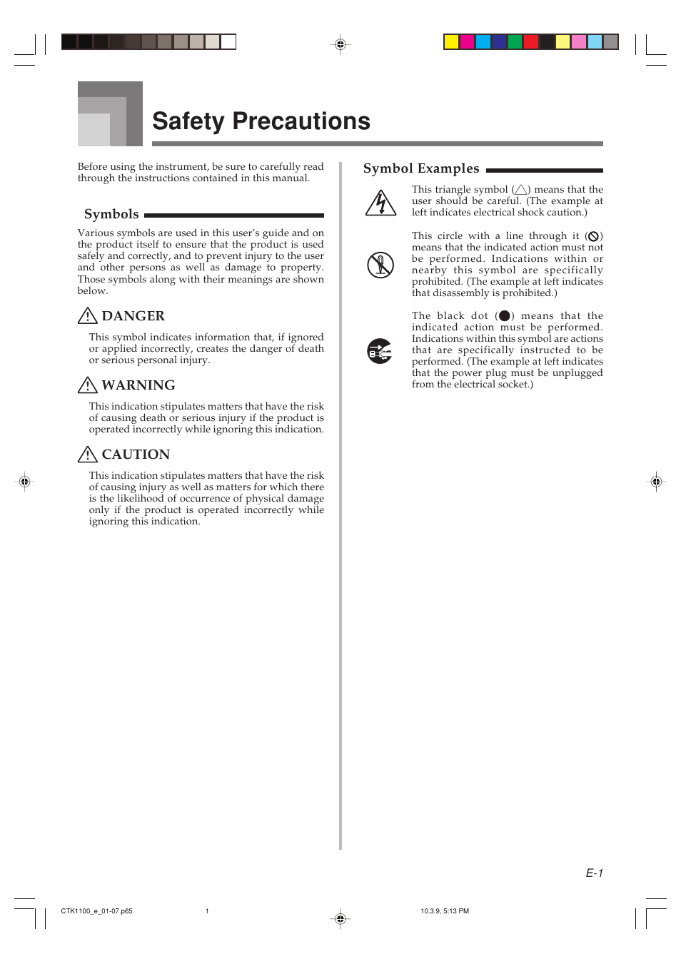 Safety precautions, Symbols, Danger | Warning, Caution, Symbol examples | Casio CTK-1100 User Manual | Page 3 / 44