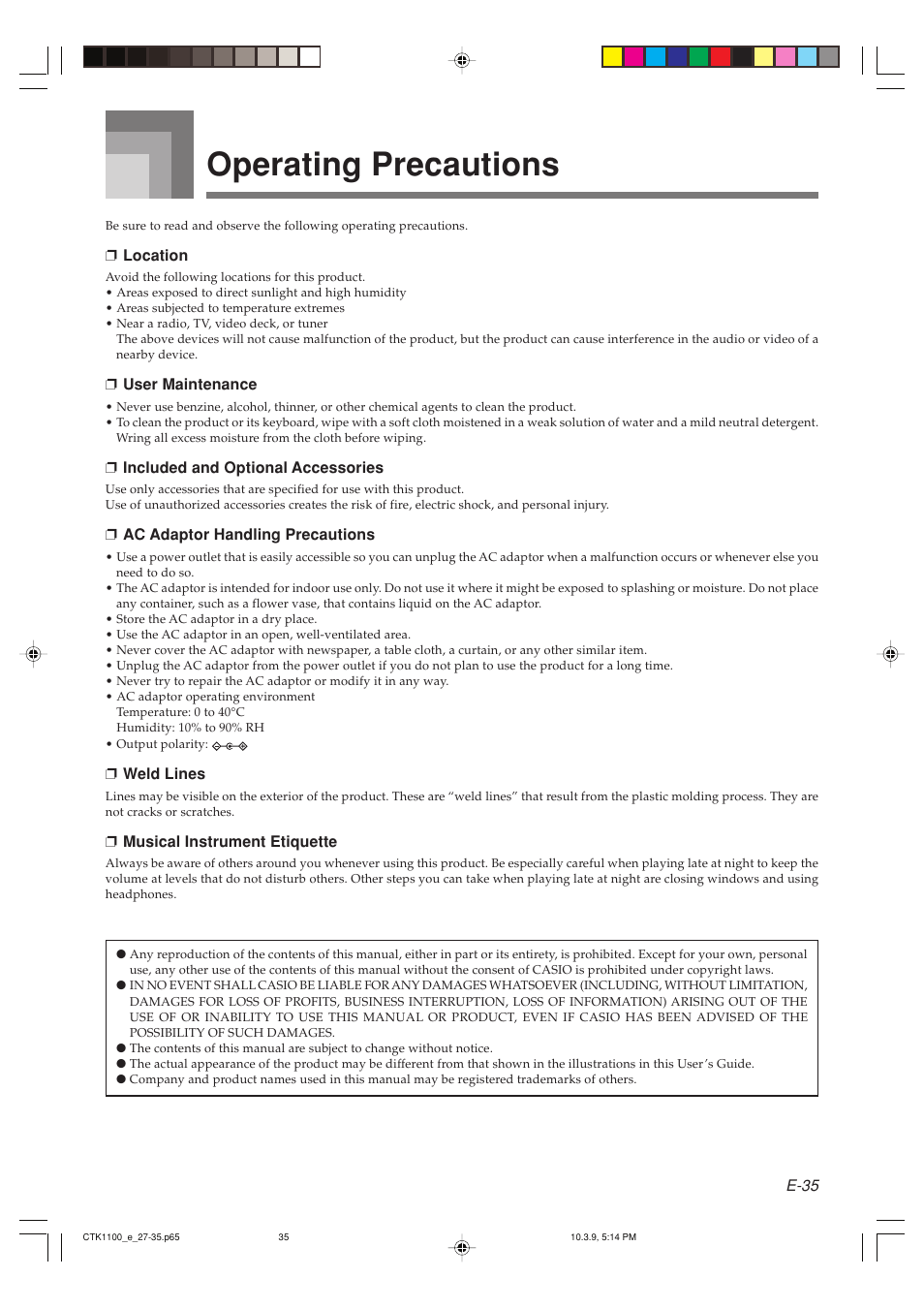 Operating precautions | Casio CTK-1100 User Manual | Page 37 / 44