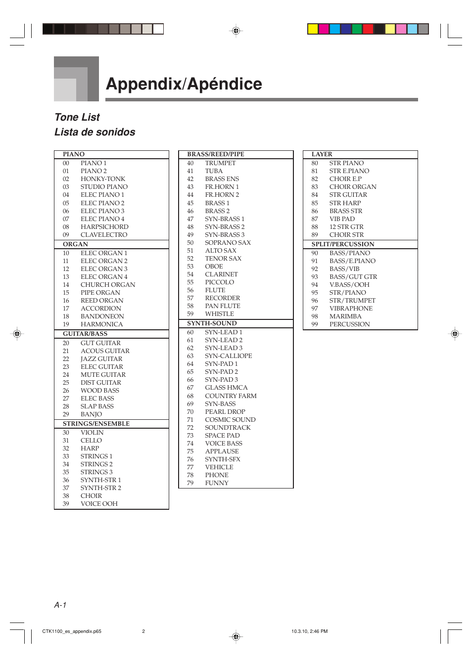 Appendix/apéndice, Tone list lista de sonidos | Casio CTK-1100 User Manual | Page 38 / 44
