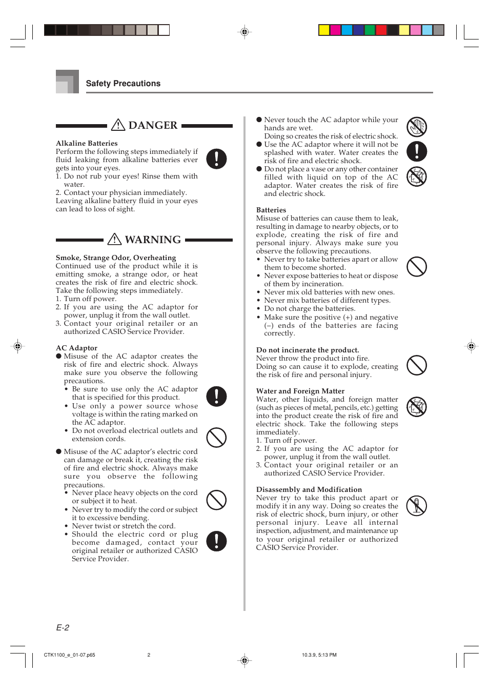 Danger, Warning | Casio CTK-1100 User Manual | Page 4 / 44